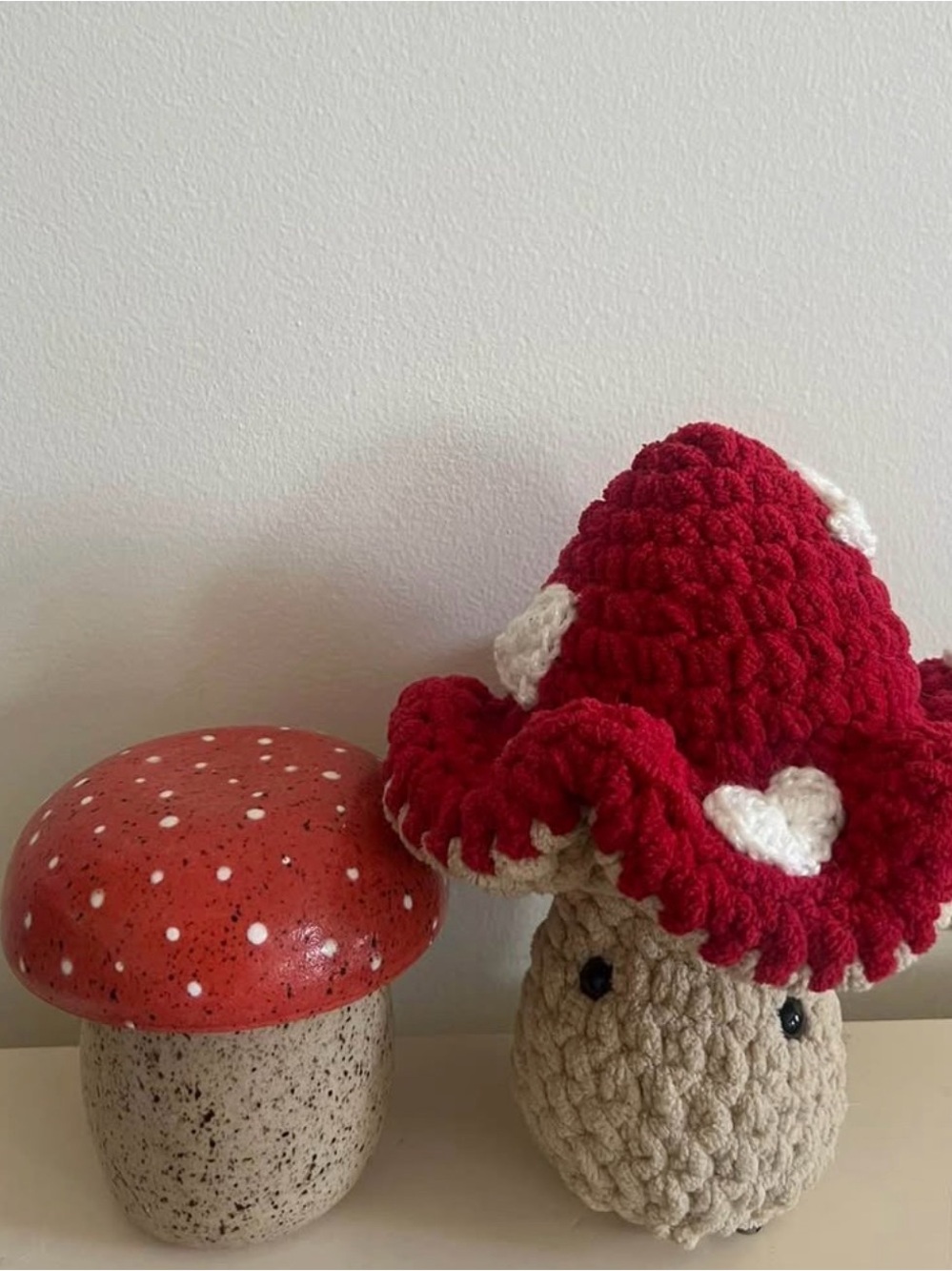 Handmade Crochet Mushroom Plush in Red and Cream & Cermaic cup bundle